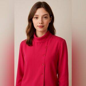 Vintage 100% Silk Blouse Hot Pink Drape Collar Double Breasted Size Smal…